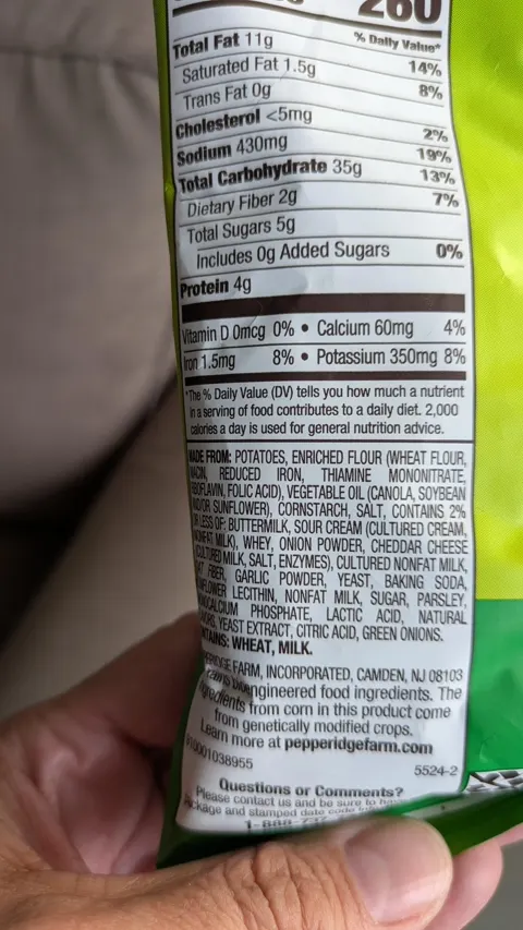 Reviewed sour cream and cheddar chips label